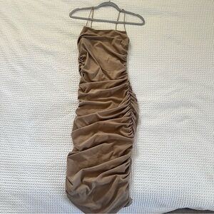 NWT Pinkblush Taupe Ruched Midi Dress with Spaghetti Straps